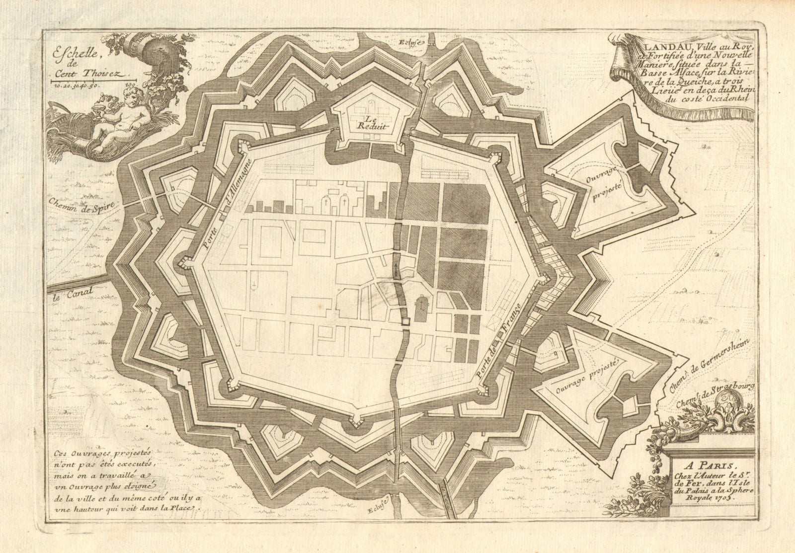 'Landau'. Fortifed town/city plan. Rhineland-Palatinate. DE FER 1705 old map